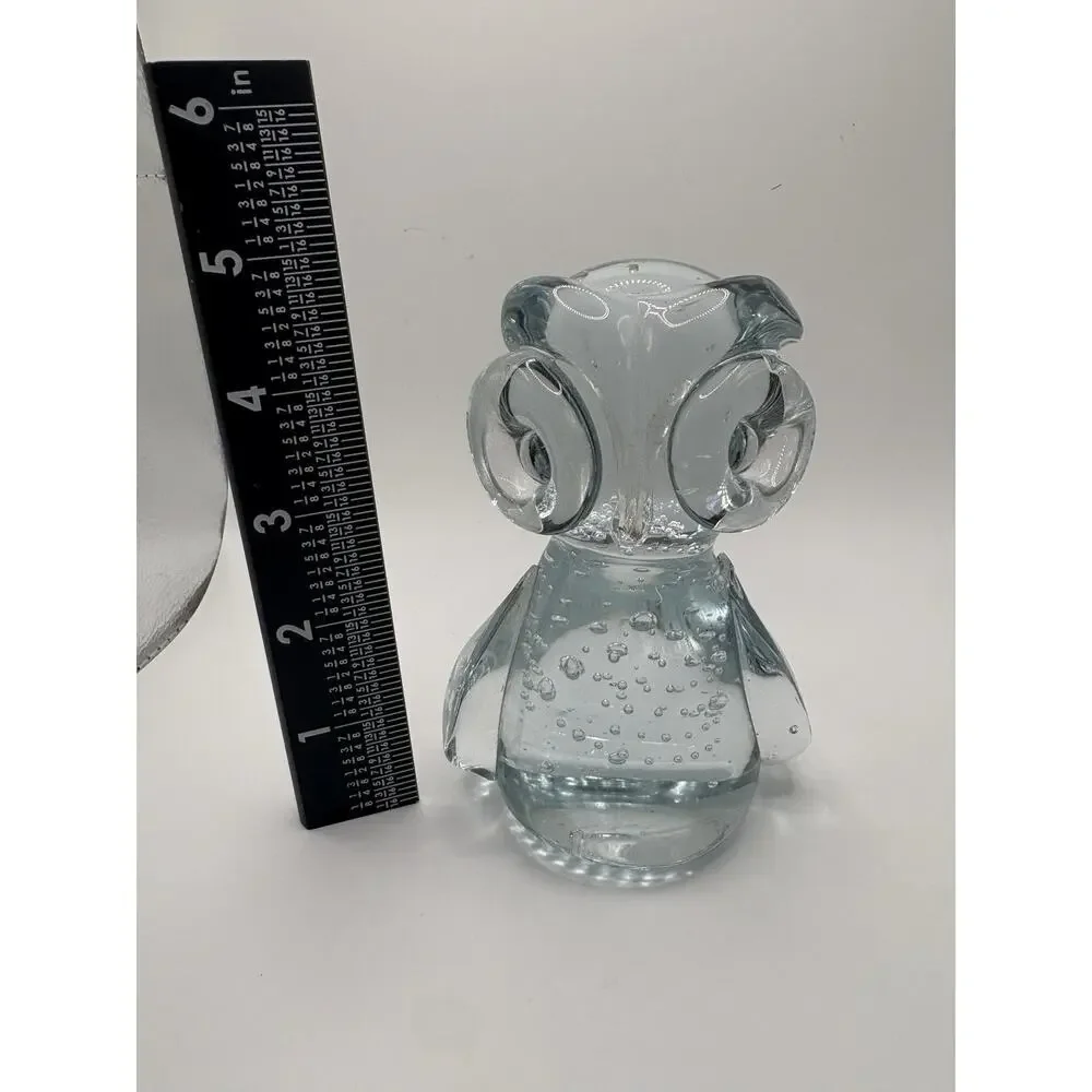 Retro Artisan Clear Blown Art Glass Owl Big Eyes Bubbles 5.5